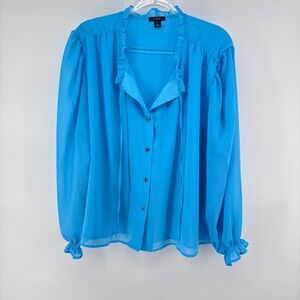 Halogen‎ 3X Blouse Top Blue Long Sleeve Ruffle Neck Button Front Women's